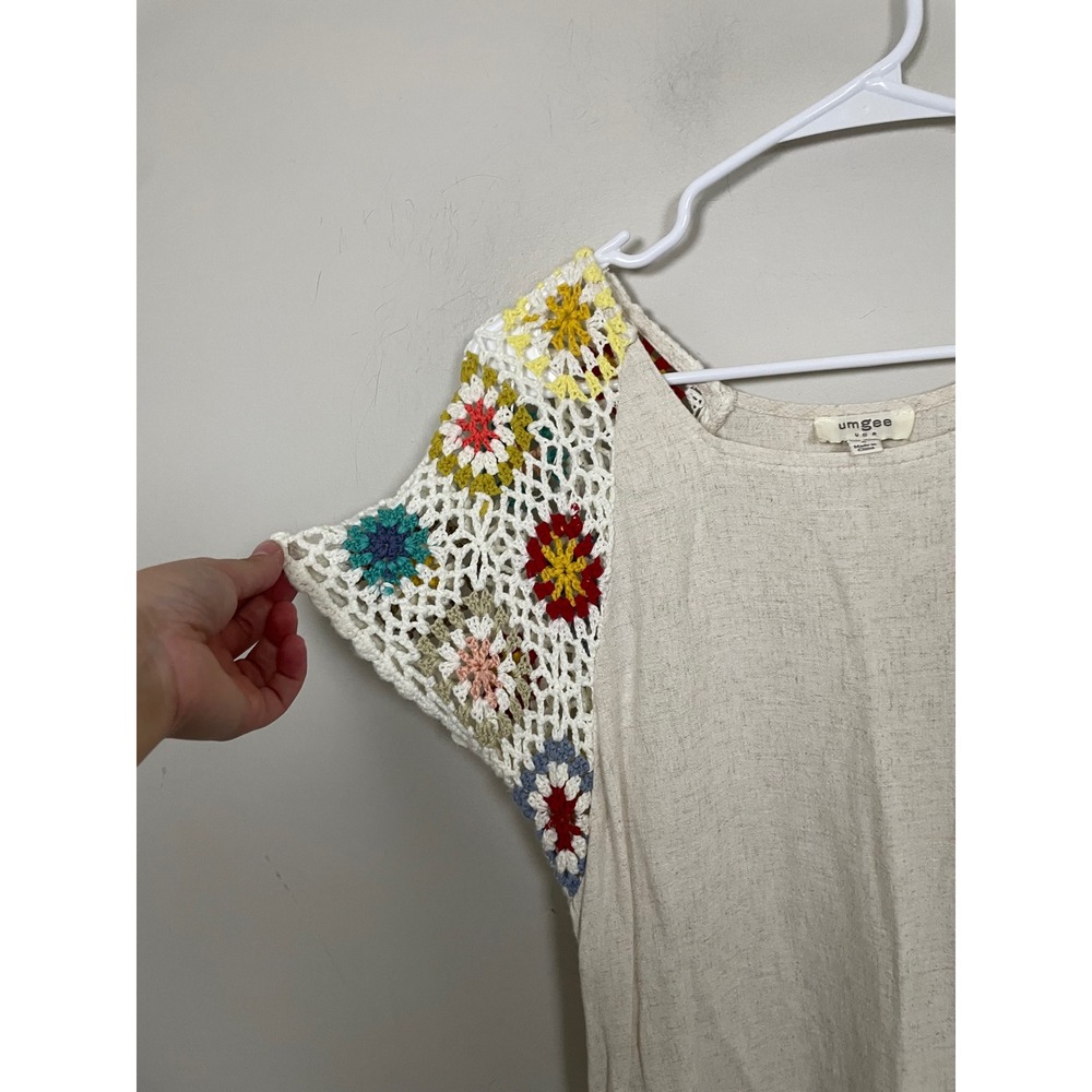 Umgee Crochcet Sleeve Linen Cotton Mini Dress Size Small Bohemian Beach Casual - Picture 2 of 10